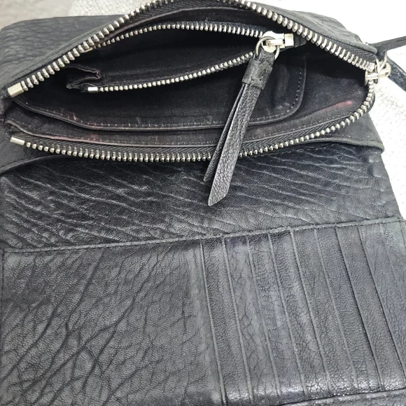 AllSaints Black Distressed Leather Tri Fold Wallet Zip Pocket - Picture 11 of 11